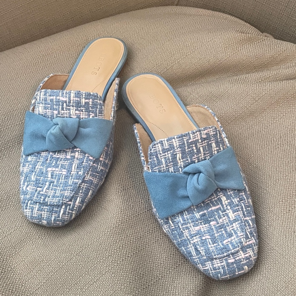 Talbots Stella Blue Tweed Mules with Bow